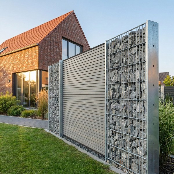 Gabione S20 - WPC Platinum Taupe-Grau Kombination - Breite 4,2m, Höhe 1,8m