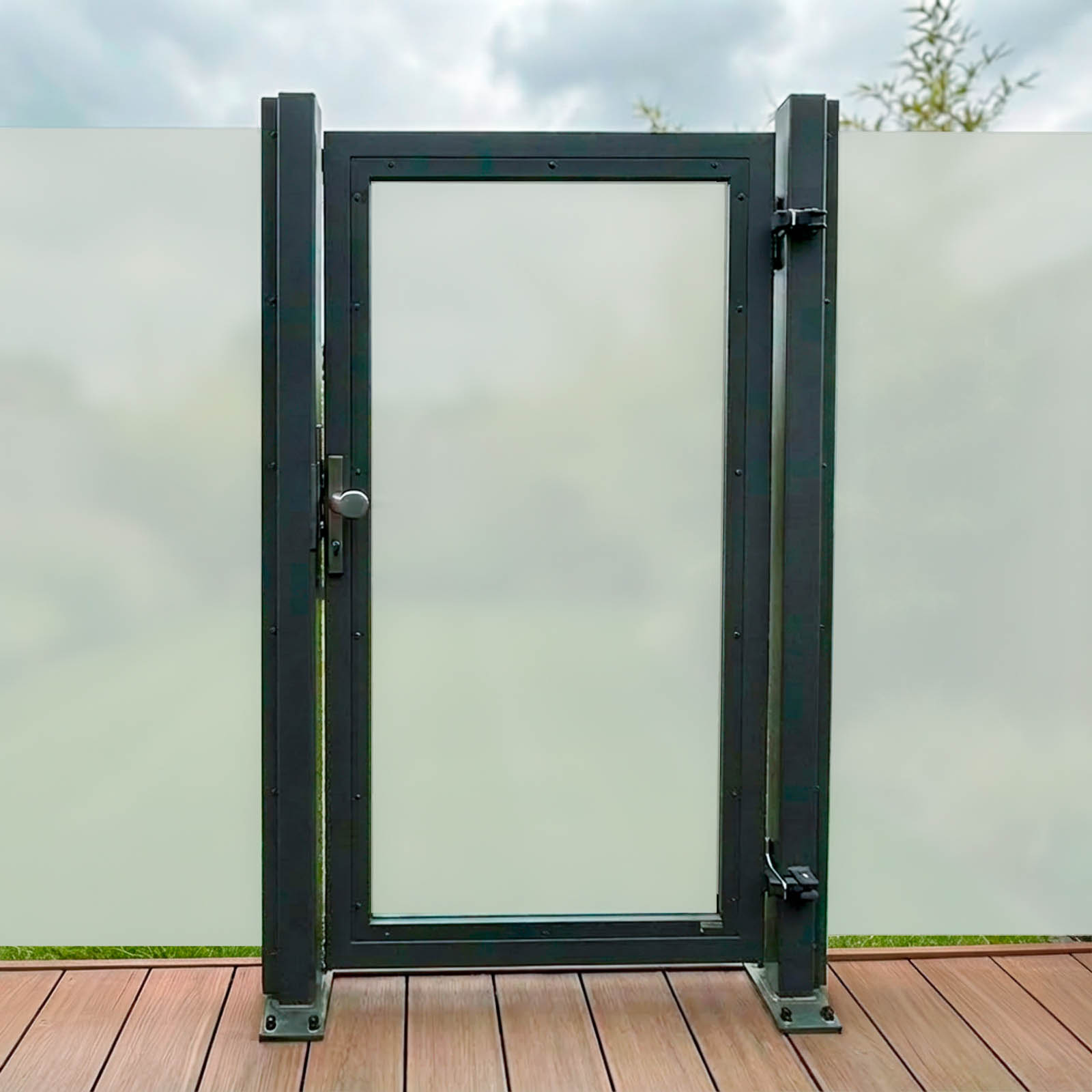 SYSTEM GLAS Tor-Set in Ausführung Matt Breite 1250mm Höhe 1800mm DIN links Klemmprofil Klinke zum Aufdübeln Anthrazit